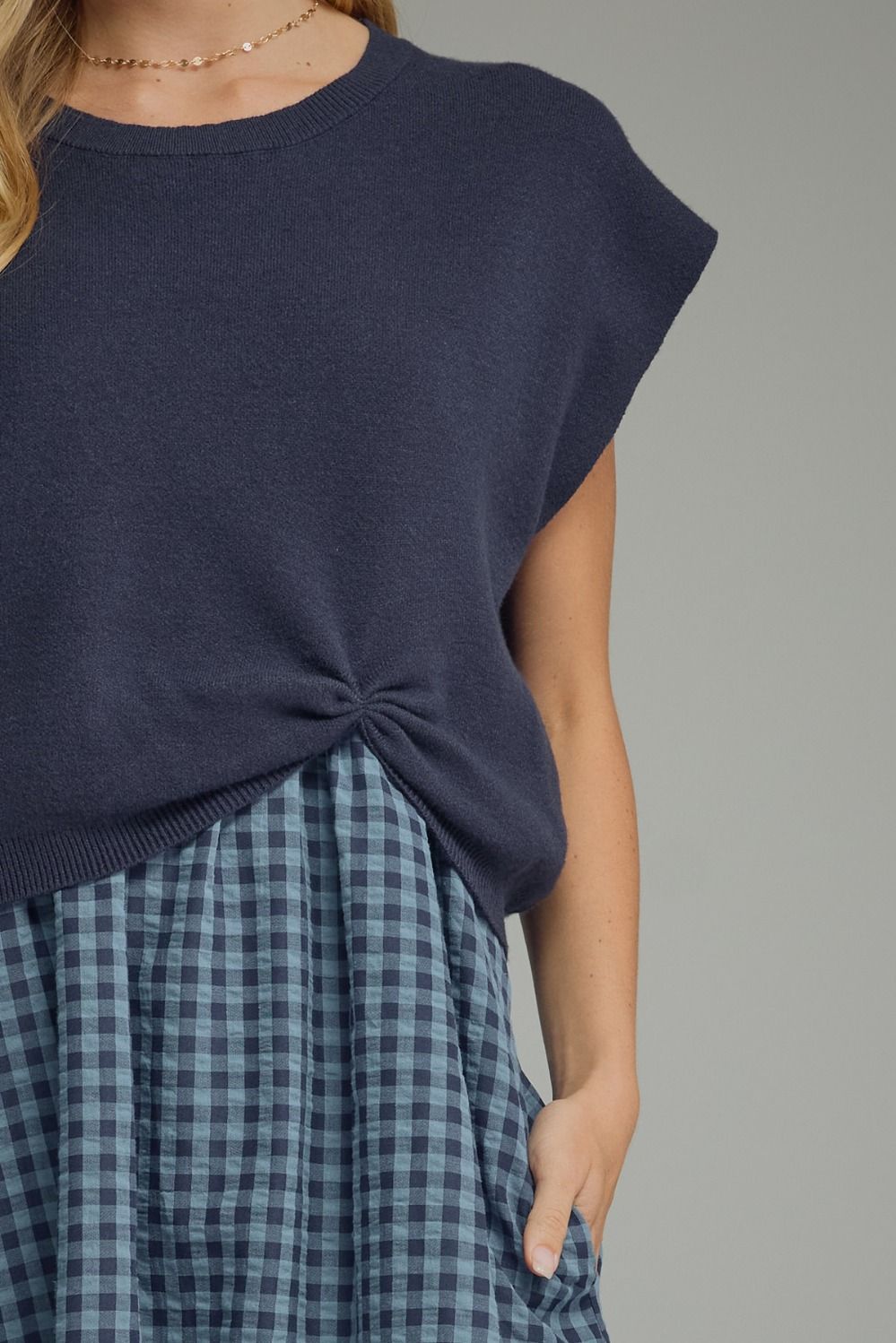 Navy Gingham Midi Dress w/ Removable Cap Sleeve Pullover