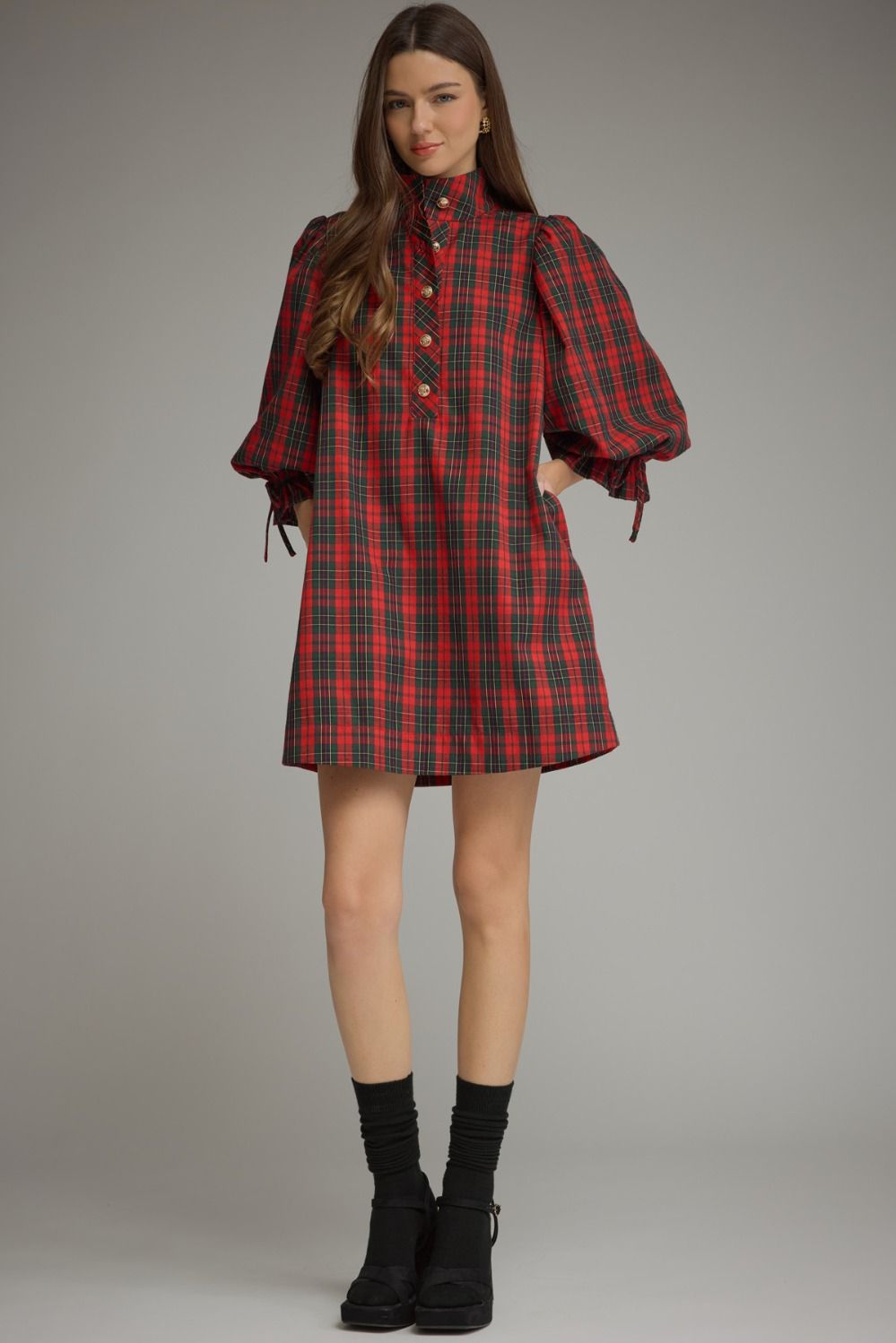 Entro | Christmas Plaid Balloon Sleeve Dress