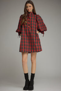 Entro | Christmas Plaid Balloon Sleeve Dress