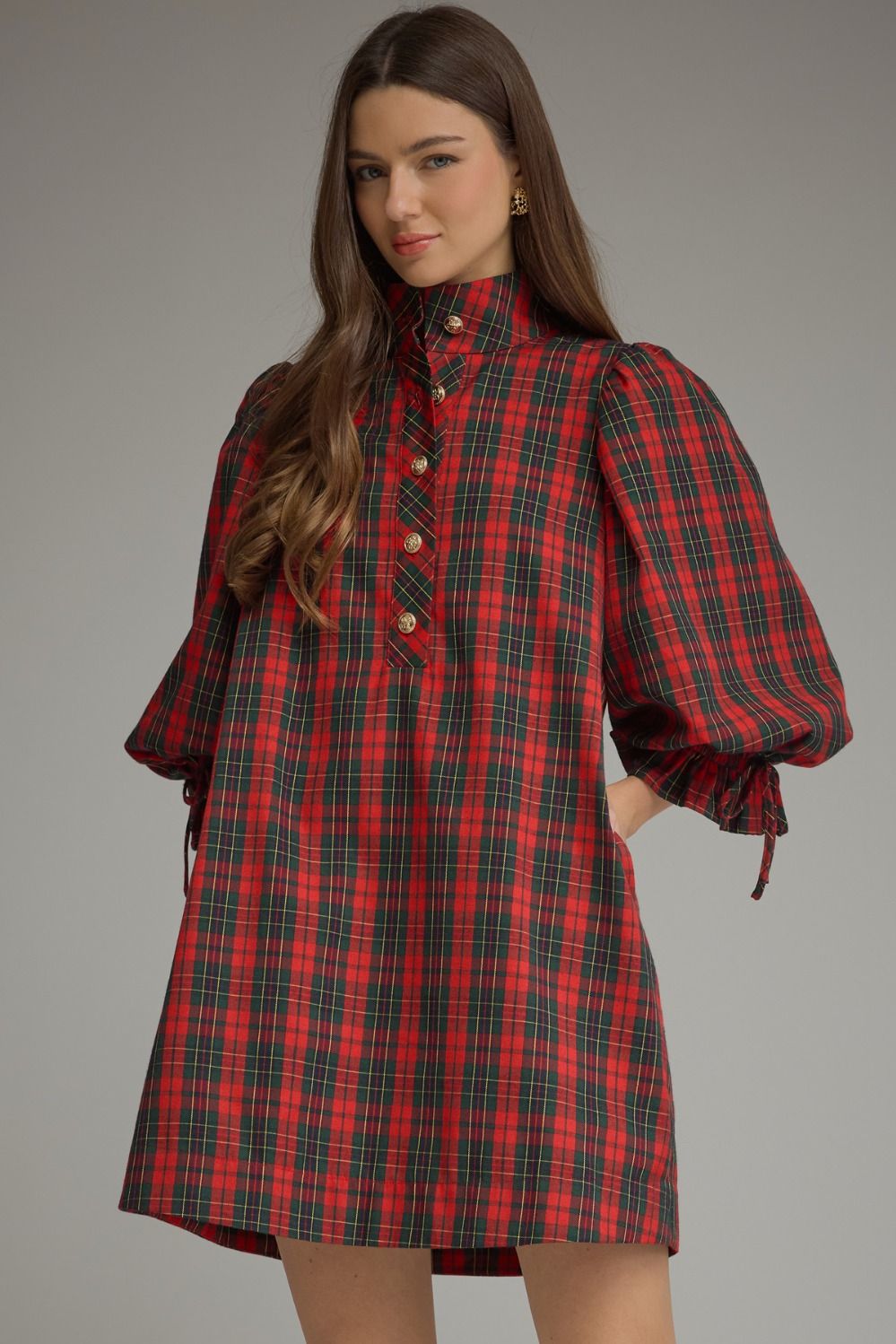 Entro | Christmas Plaid Balloon Sleeve Dress
