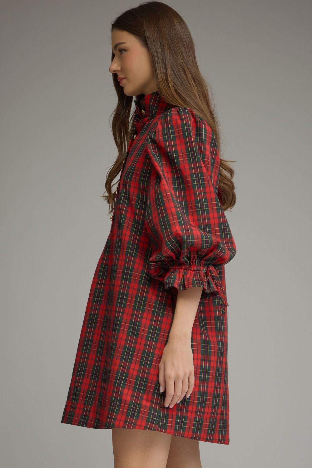 Entro | Christmas Plaid Balloon Sleeve Dress