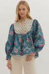 Teal Floral Contrast Striped Trim Top (1 SMALL)