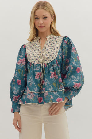 Teal Floral Contrast Striped Trim Top (1 SMALL)