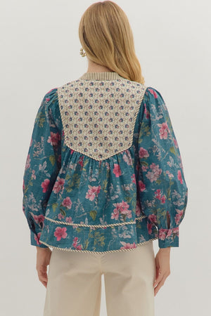 Teal Floral Contrast Striped Trim Top (1 SMALL)