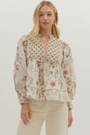 Floral Contrast Striped Trim Top (SMALL)