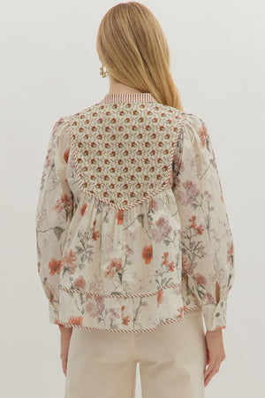 Floral Contrast Striped Trim Top (SMALL)