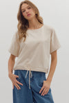 Ecru Drawstring Hem Scoop Neck Top