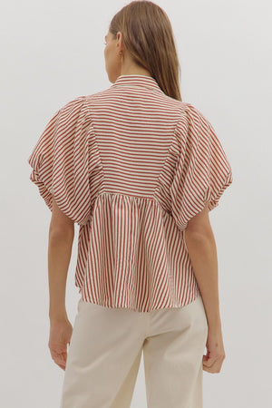 Rust Stripe Puff Sleeve Top
