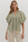 Olive Stripe Puff Sleeve Top