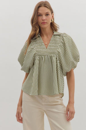 Olive Stripe Puff Sleeve Top
