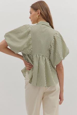 Olive Stripe Puff Sleeve Top