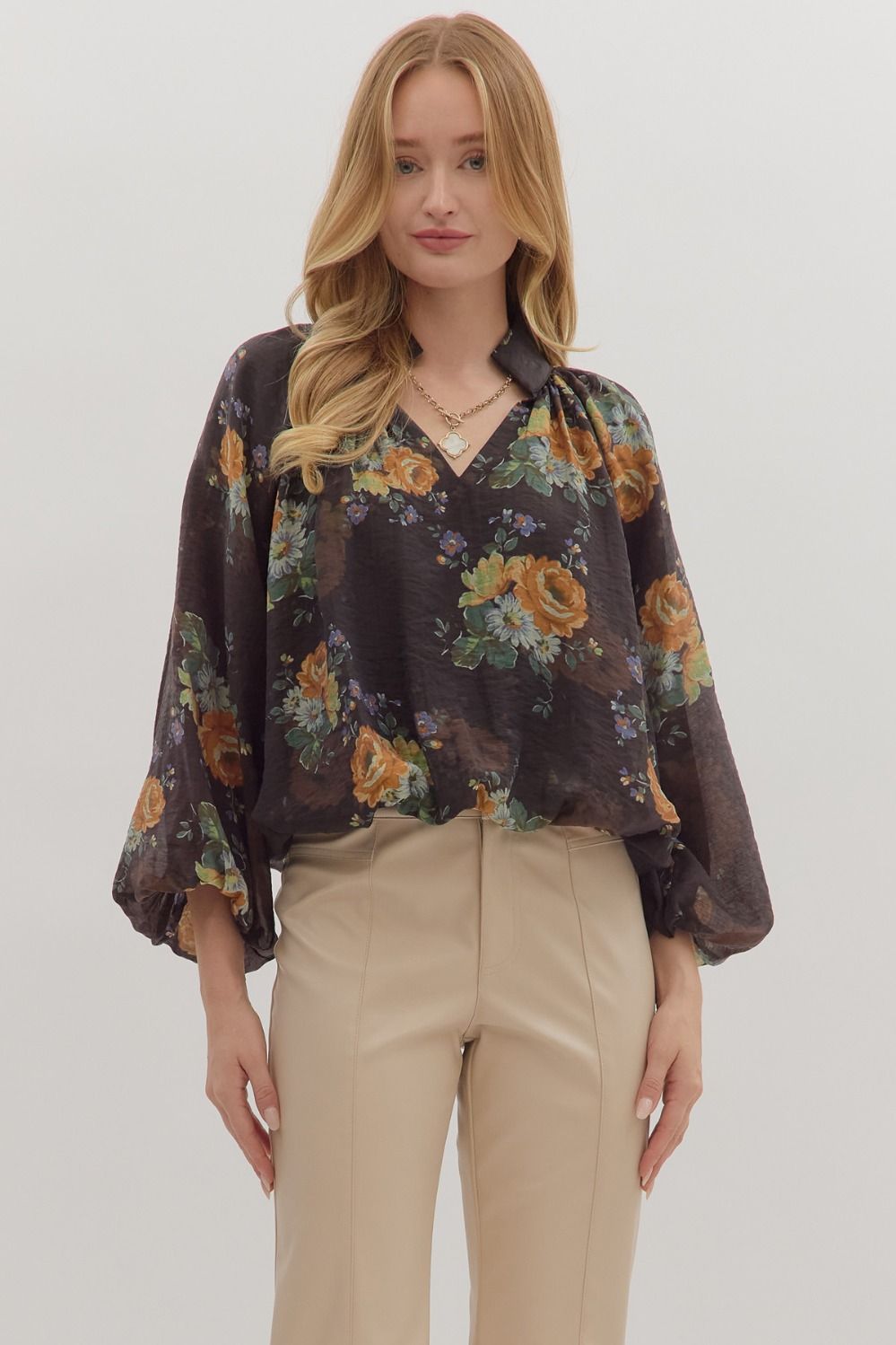 Chocolate Floral 3/4 Sleeve Top (1 SMALL)