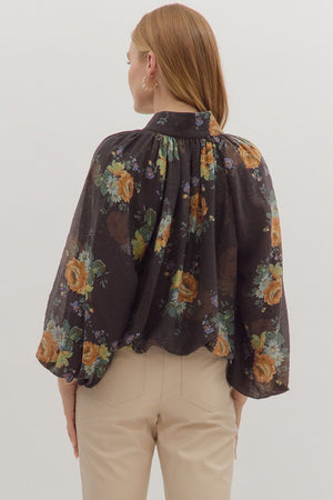 Chocolate Floral 3/4 Sleeve Top (1 SMALL)