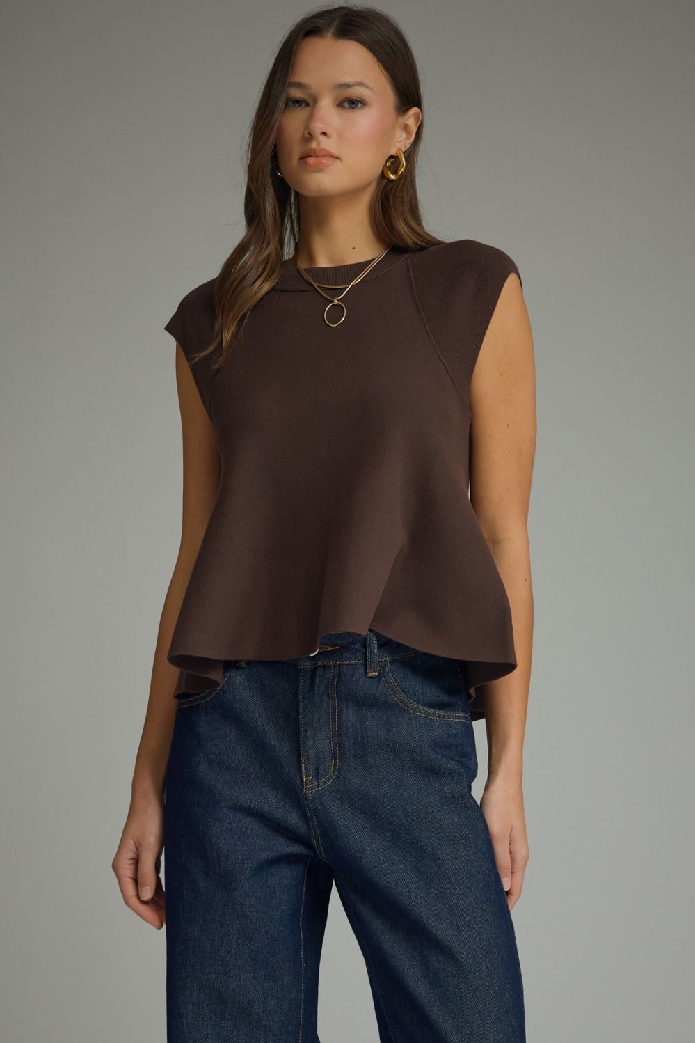 Brown Knit Cap Sleeve Top