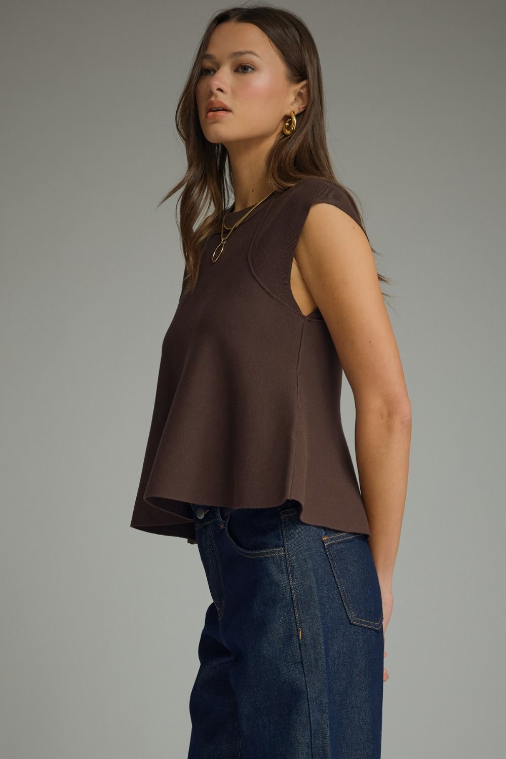 Brown Knit Cap Sleeve Top