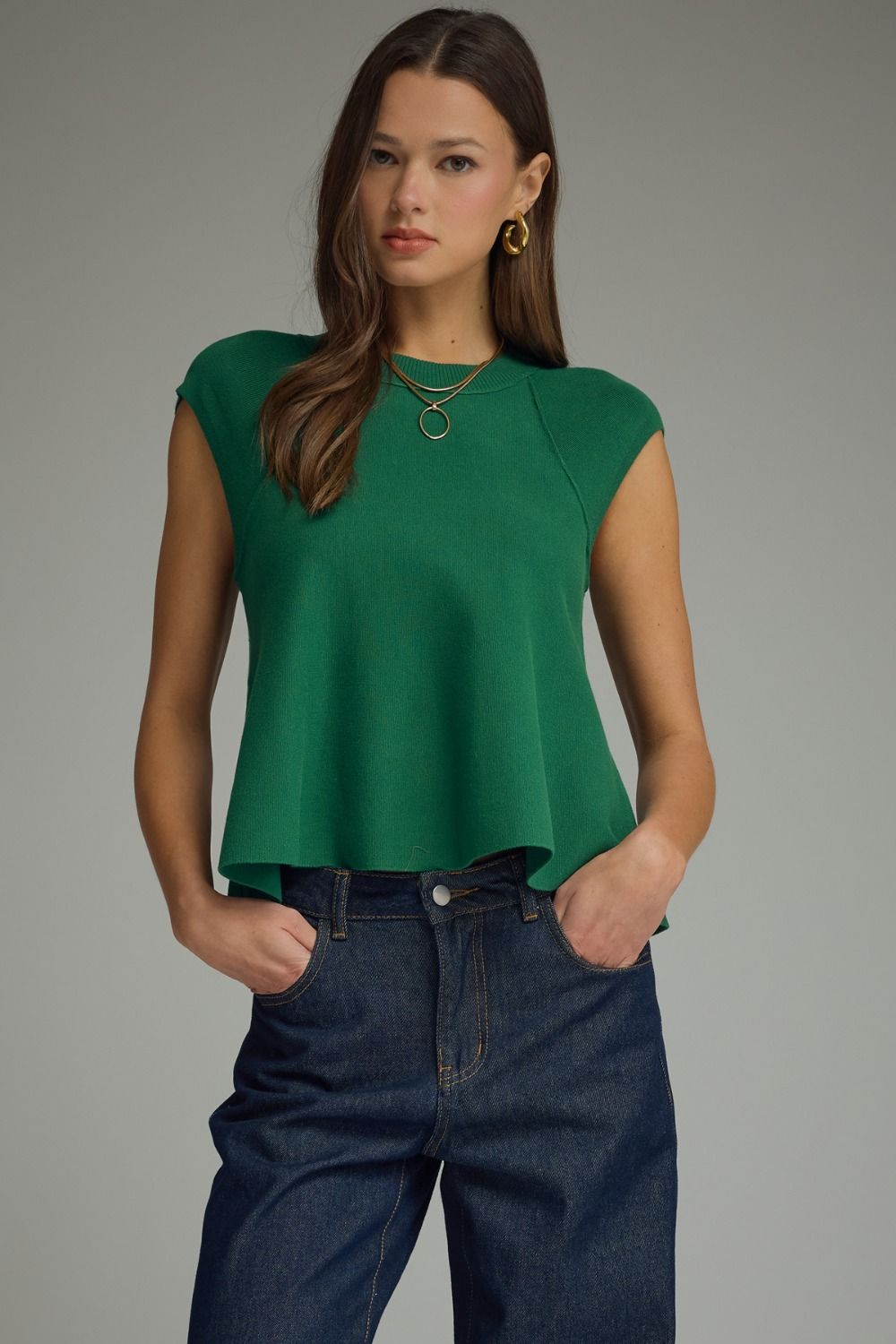 Hunter Green Knit Cap Sleeve Top