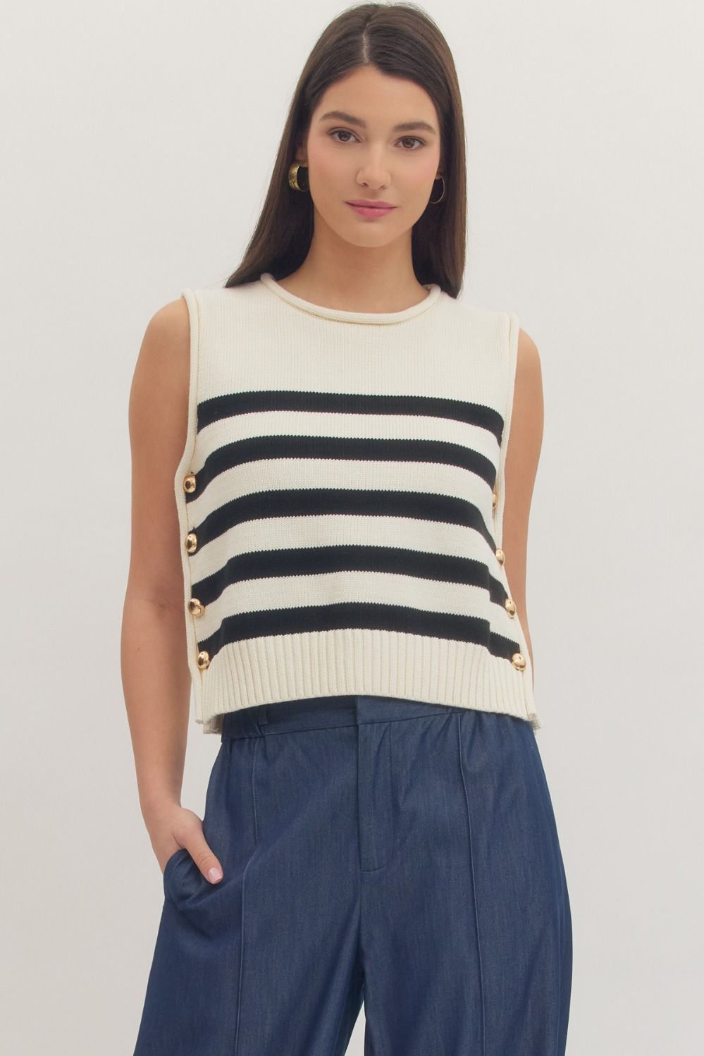 Cream Striped Sleeveless Knit Top