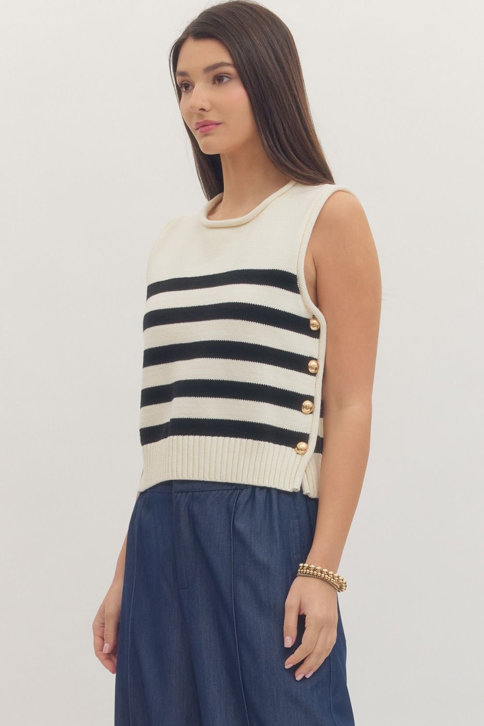 Cream Striped Sleeveless Knit Top