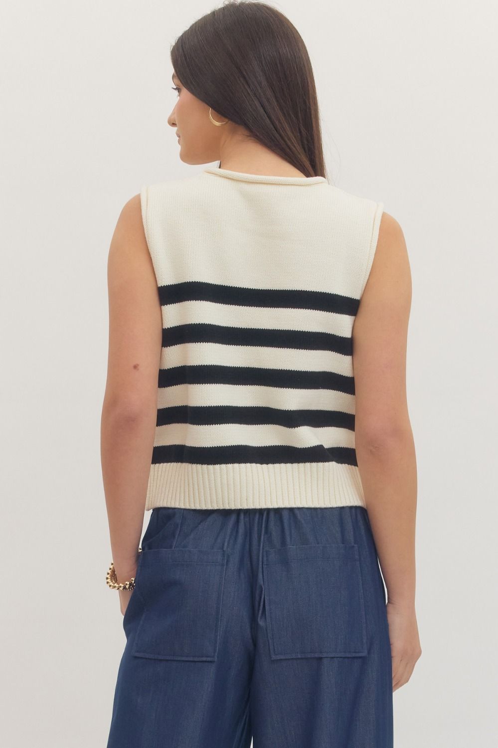 Cream Striped Sleeveless Knit Top