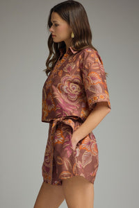 Terra Cotta Printed Floral Wrap Skort Set