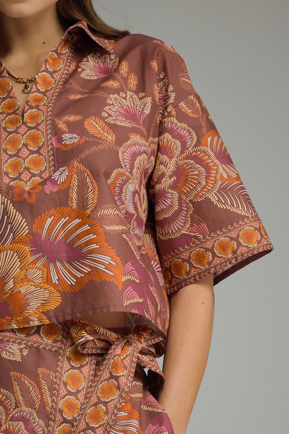 Terra Cotta Printed Floral Wrap Skort Set
