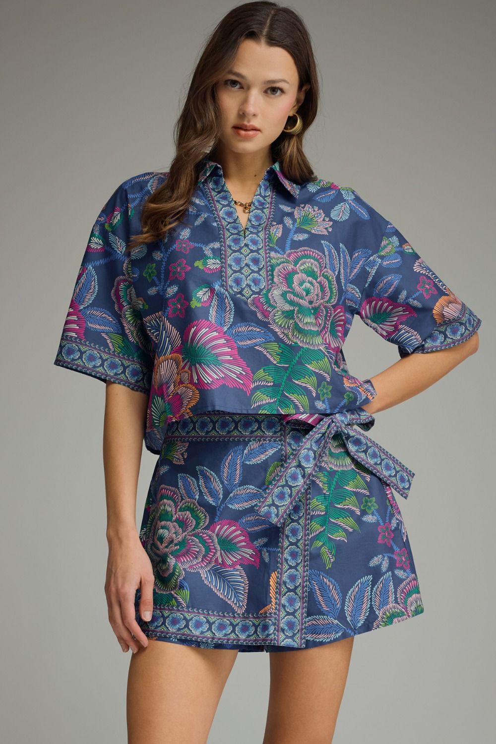 Indigo Printed Floral Wrap Skort Set