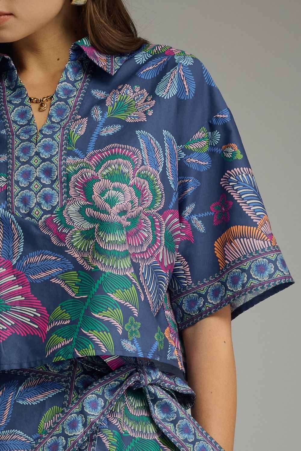 Indigo Printed Floral Wrap Skort Set