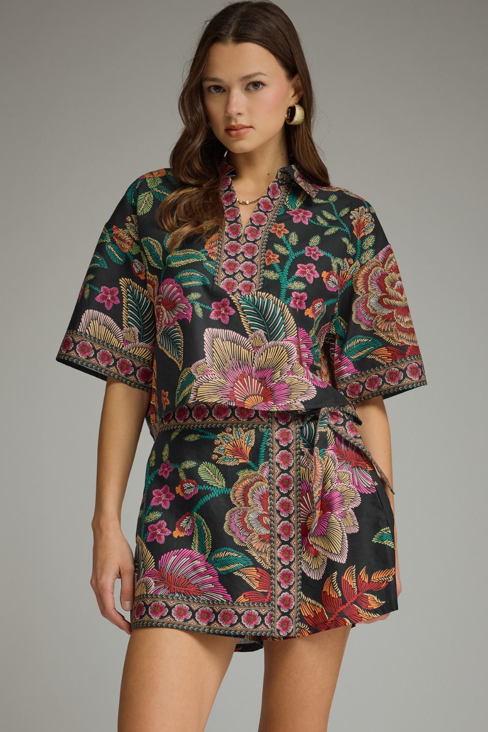Black Printed Floral Wrap Skort Set