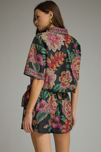 Black Printed Floral Wrap Skort Set