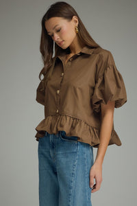 Brown Puff Slv Ruffle Top