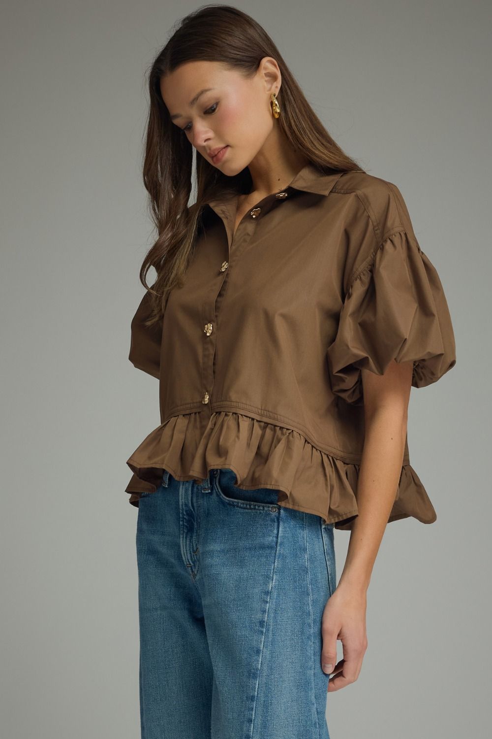 Brown Puff Slv Ruffle Top