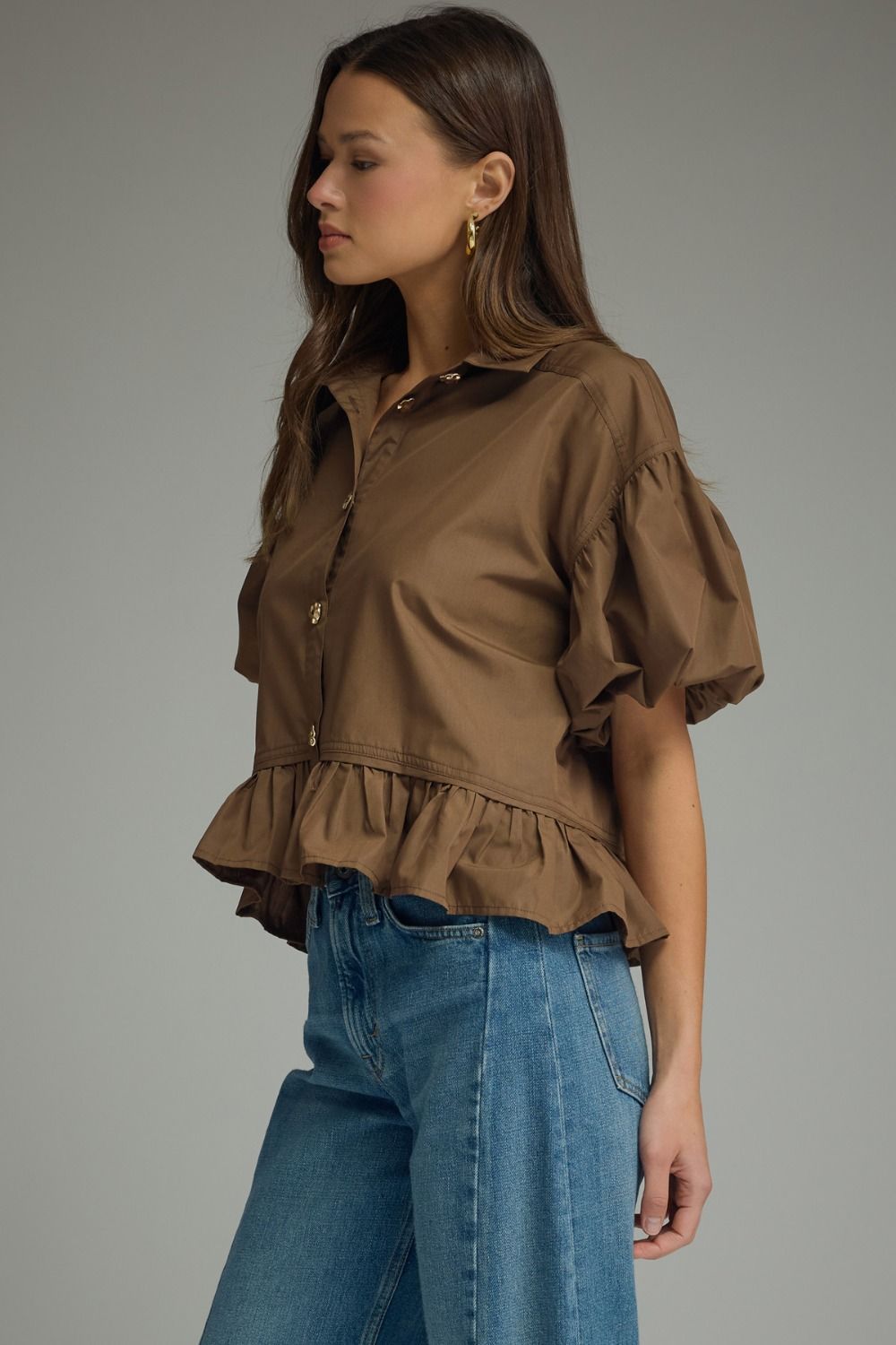 Brown Puff Slv Ruffle Top