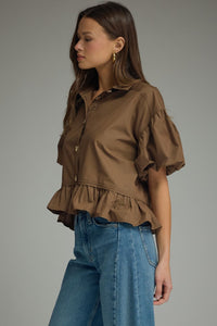 Brown Puff Slv Ruffle Top
