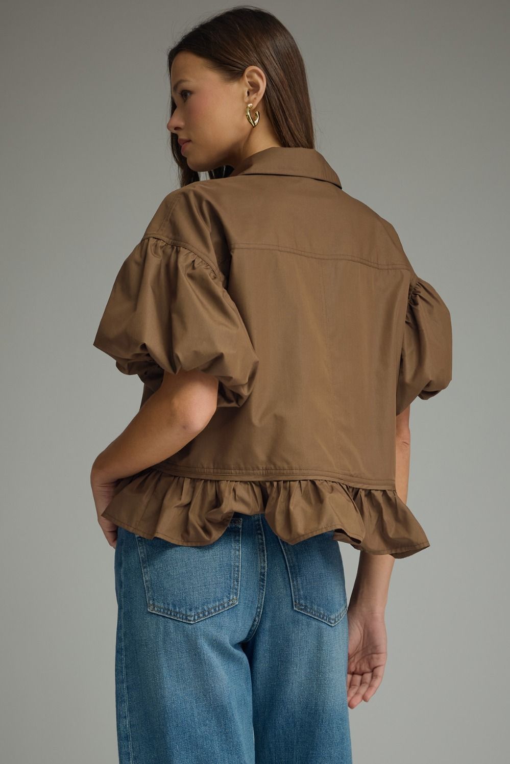 Brown Puff Slv Ruffle Top