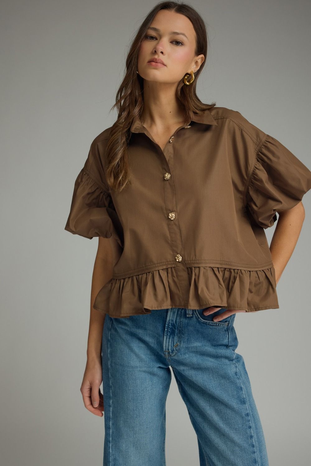 Brown Puff Slv Ruffle Top