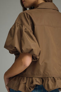 Brown Puff Slv Ruffle Top