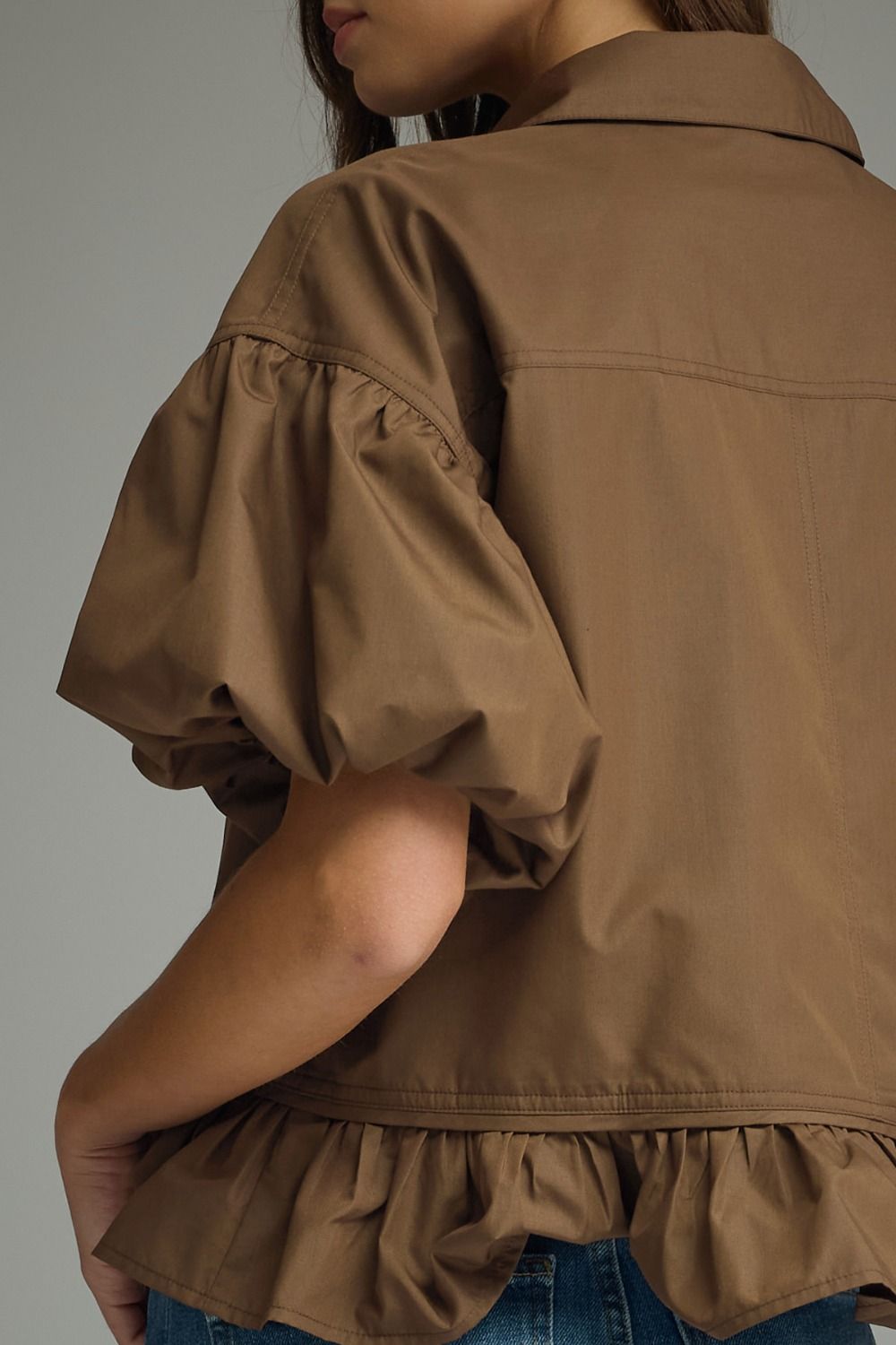 Brown Puff Slv Ruffle Top