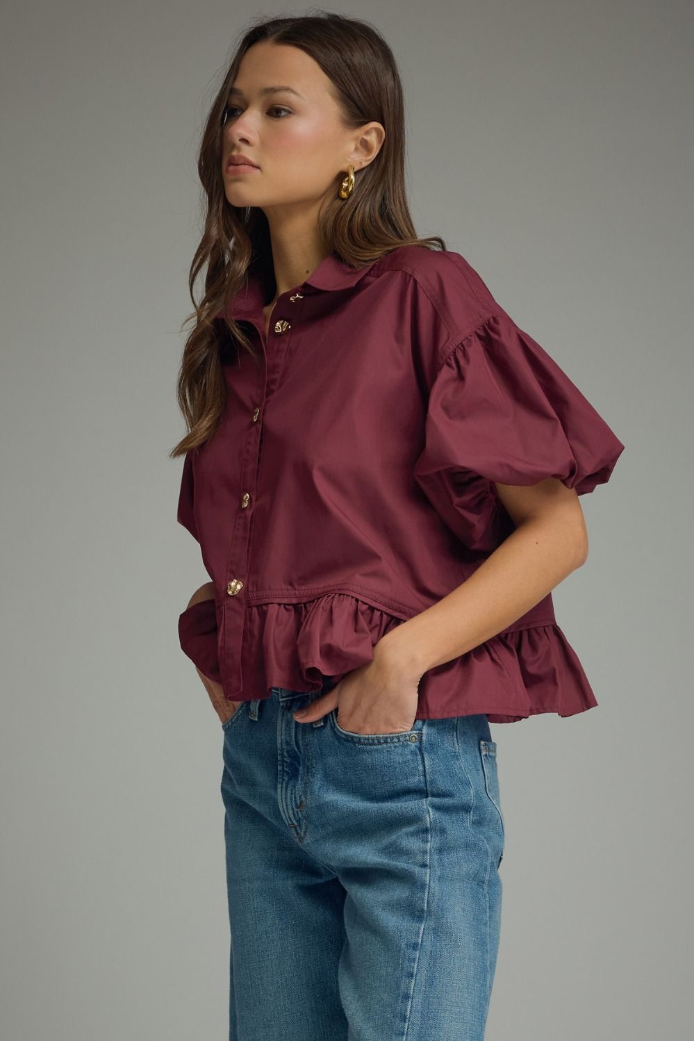 Merlot Puff Slv Ruffle Top