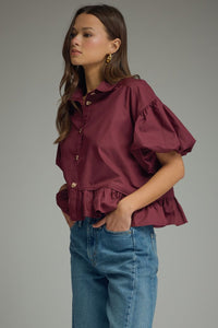 Merlot Puff Slv Ruffle Top