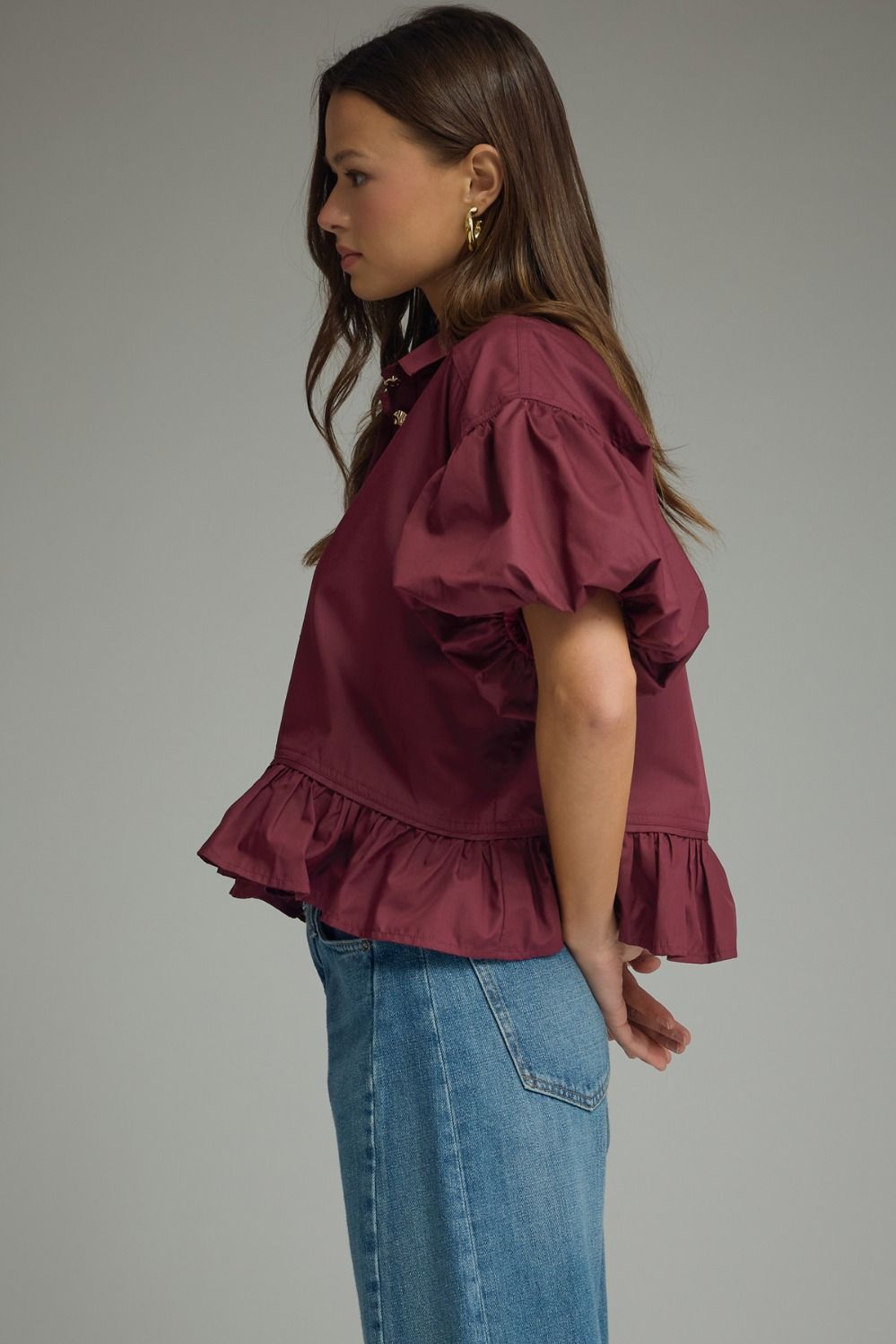 Merlot Puff Slv Ruffle Top