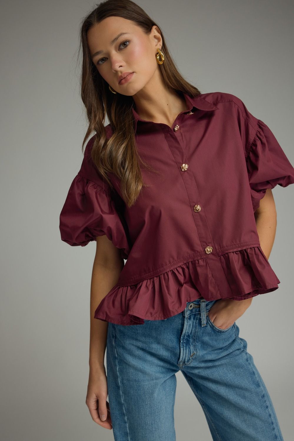 Merlot Puff Slv Ruffle Top