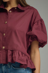 Merlot Puff Slv Ruffle Top