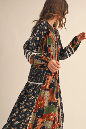 Navy Floral Patchwork Midi Dress