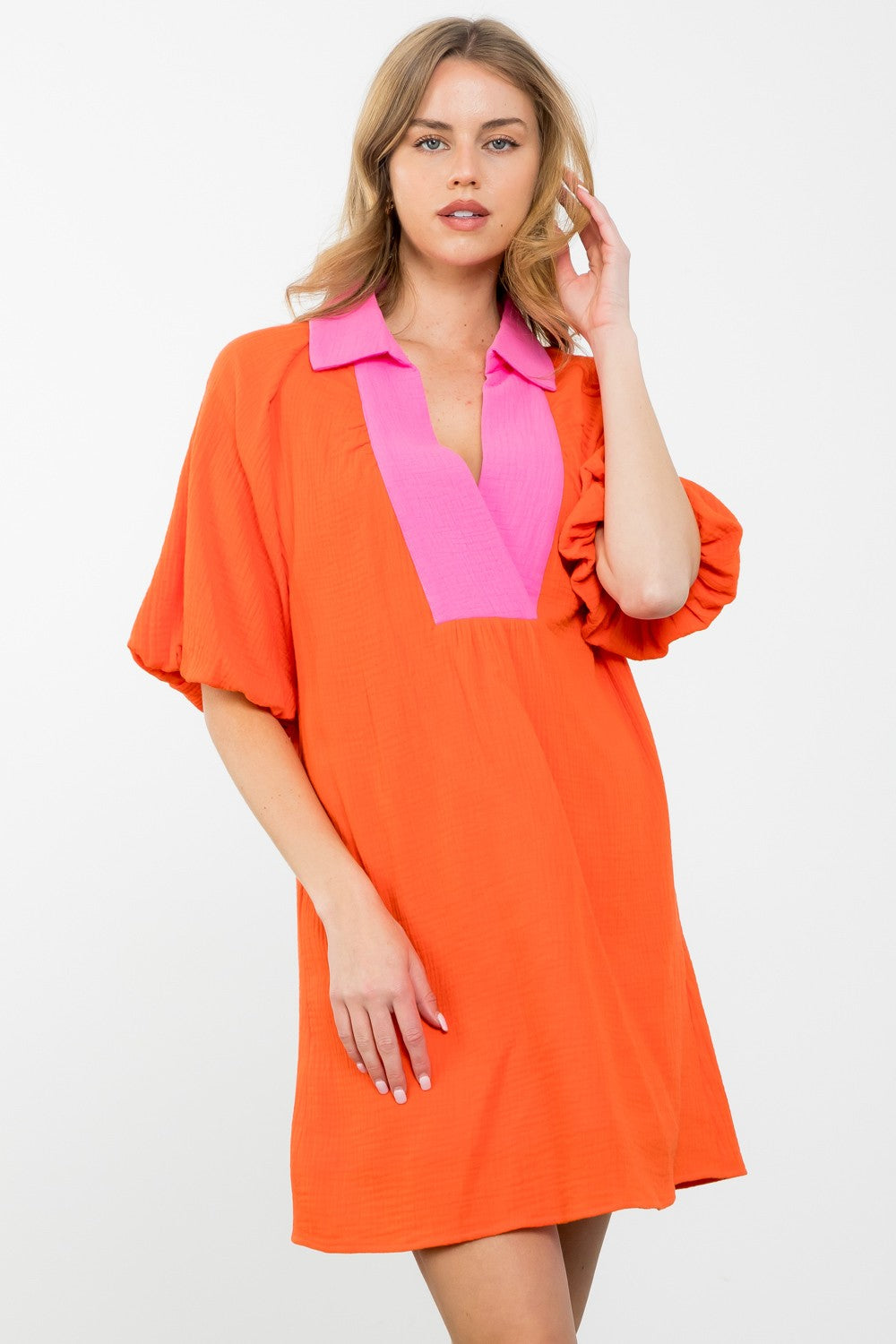 THML Color Block V-Neck Puff Sleeve Dress