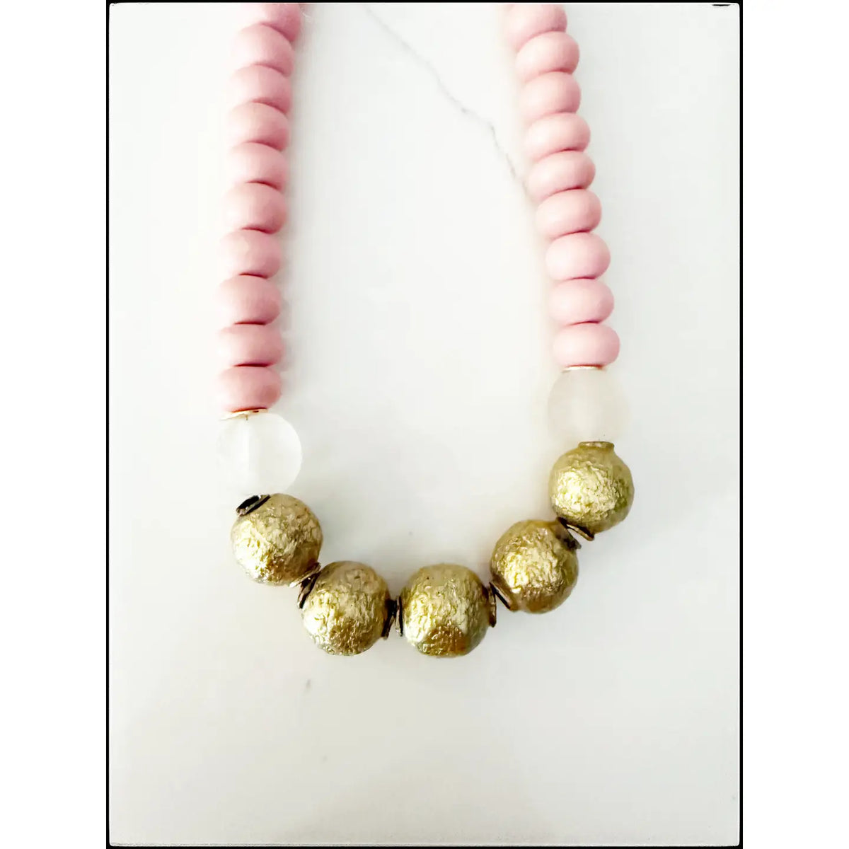 Pink Wood Bead & Glass Necklace