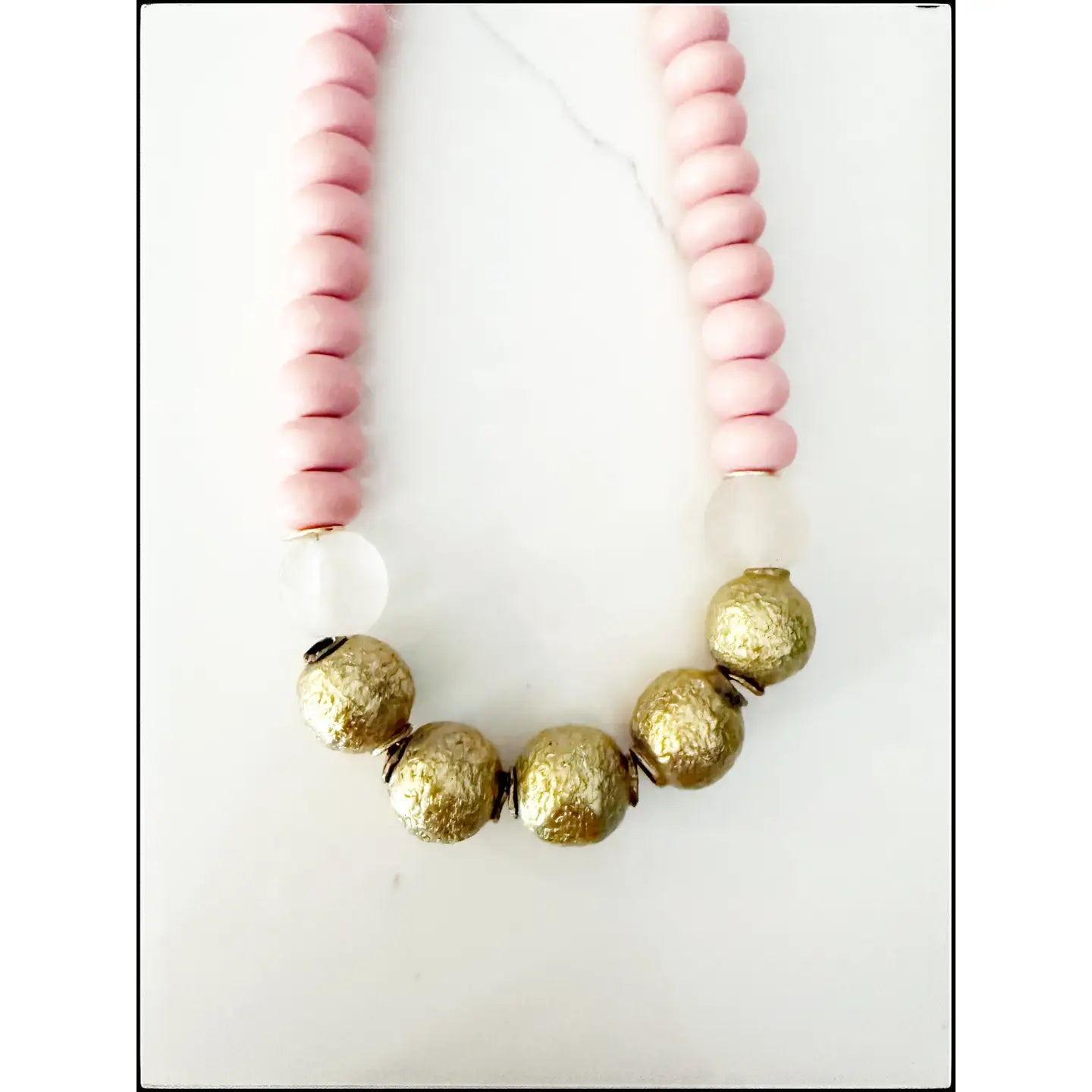 Pink Wood Bead & Glass Necklace