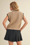Taupe/ Black Tie Neck Sweater Vest with Contrast Blanket Stitch