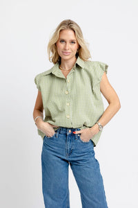 Karlie | Citrine Check Bubble Sleeve Button Top