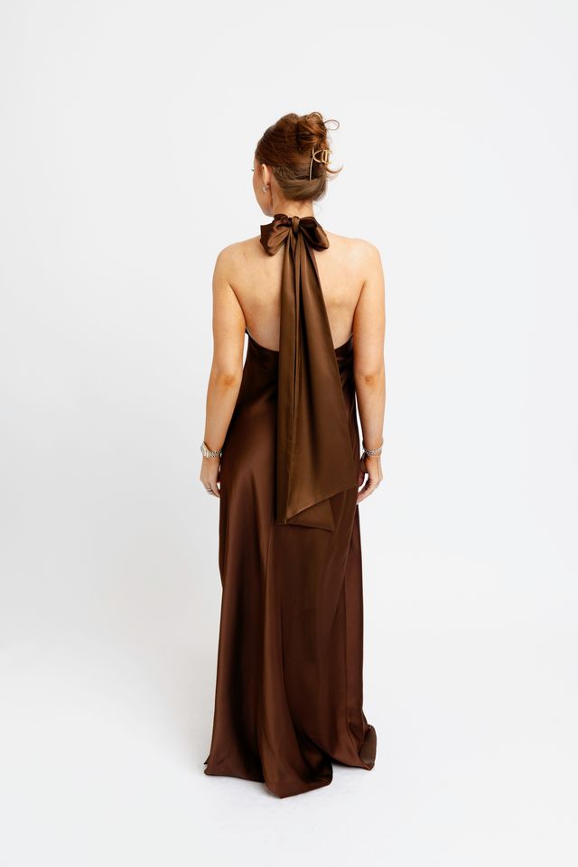 Karlie | Brown Solid Satin Halter Maxi Dress