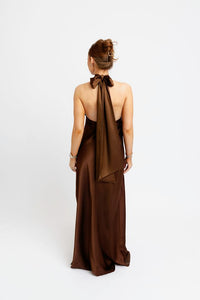 Karlie | Brown Solid Satin Halter Maxi Dress